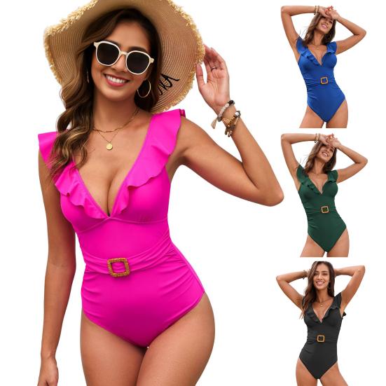 Женский бикини с воланами, сексуальный цельный купальник с глубоким V-образным вырезом, облегающий, с высоким вырезом, купальники для женщин, пляжа, бассейна, серфинга