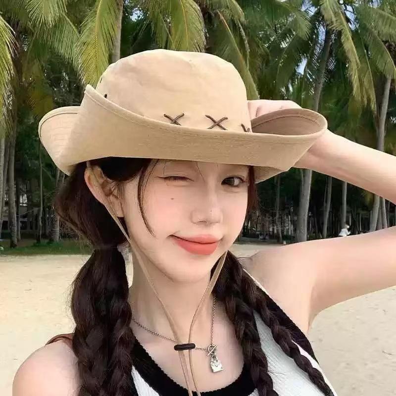 Vintage Women Bohemian Cowboy Hat Women Beach Sunscreen Hat Western Style Large Brim Bucket Hat Foldable Cowboy Caps