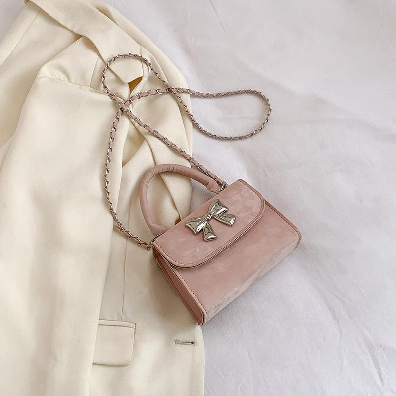 Fashionable Handbag with Bows In Spring New Solid Color One-shoulder Crossbody Bag Fashionable Gentle Small Square Bag Women