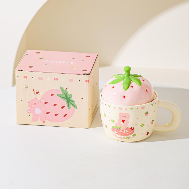 Керамическая чашка с крышкой «Клубничный медведь» для девочек, подарочная чашка для дома, кружка, высококачественная, для пары, для молока, для завтрака