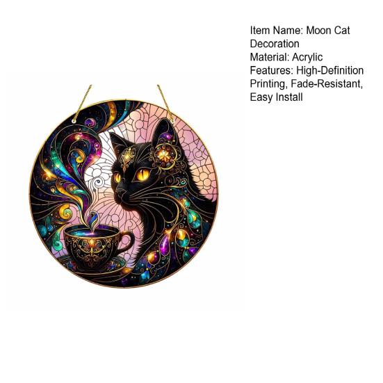 Stylish Cat Hanging Sign Moon Halloween Window Decor, Mystical Black Round Modern Room Decor for Indoor Outdoor Wall Art, Gothic Home Porch