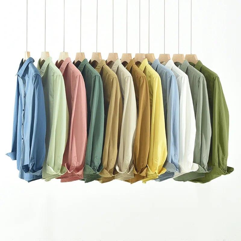 Весенне-летние свежие мужские рубашки с длинными рукавами, повседневные повседневные рубашки из чистого хлопка с лацканами, однотонные свободные рубашки, универсальные мужские топы в простом стиле, 12 цветов