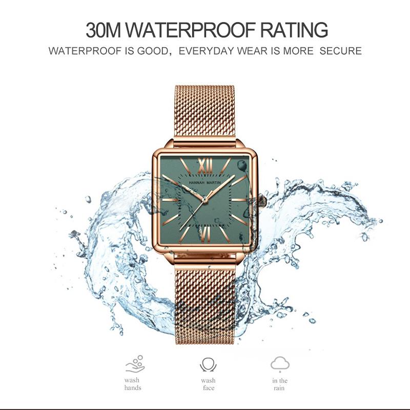 Hannah Martin Женские кварцевые часы Японский кварцевый механизм Зеленый циферблат Квадратные часы Модные наручные часы Женские часы из розового золота для женщин