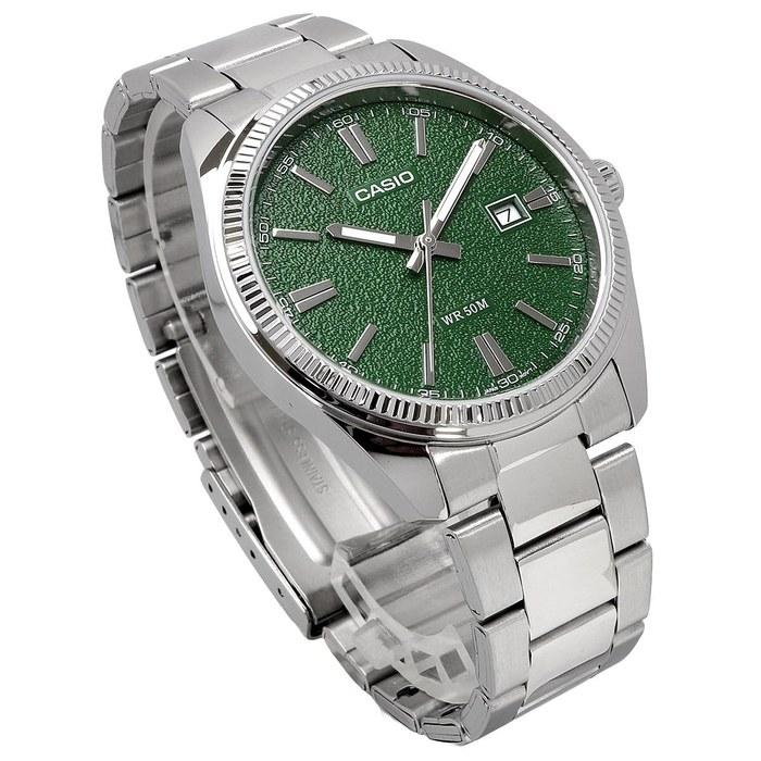 Casio MTP-1302DA-3AV Men's Analog Quartz Watch, Silver Metal Band, Green Textured Dial