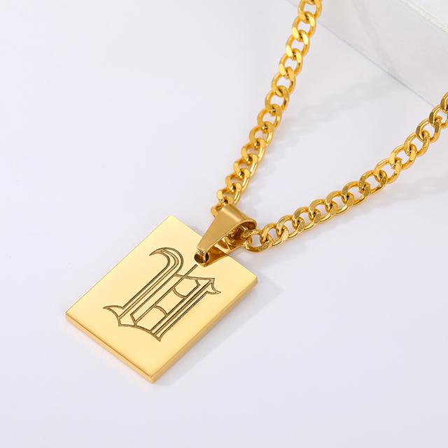 Gothic A -Z Initial Letter Statement Necklace For Women Men Stianless Steel Square Letter Rectangle Medallion Choker Jewelry