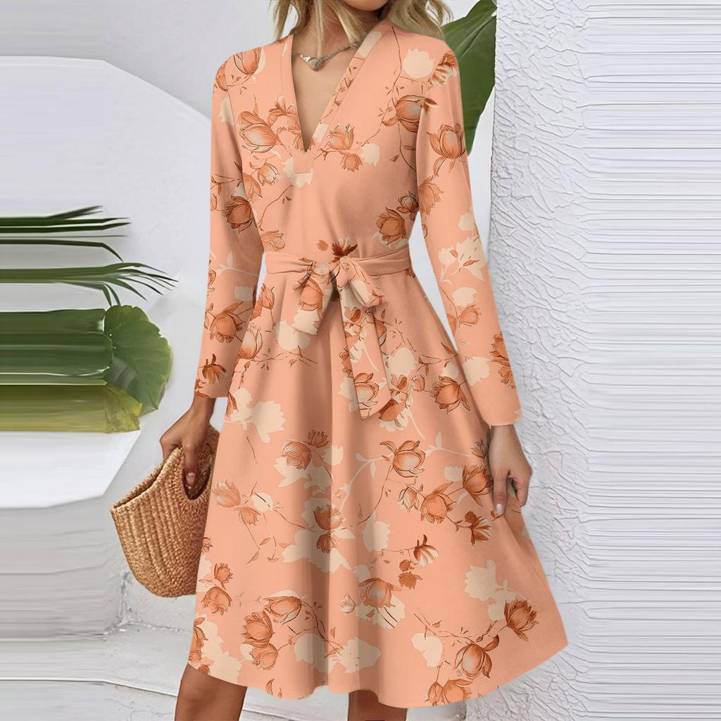 Women's Fashion Casual V-Neck Long Sleeve Waist Floral Print Midi Dress