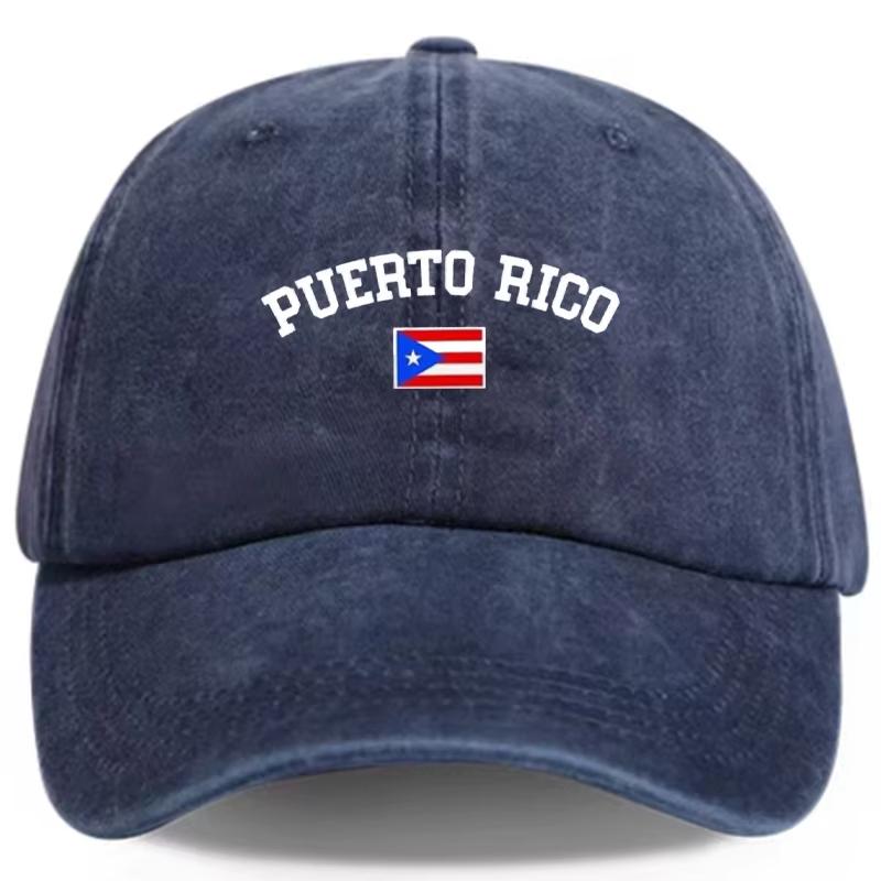 A gender-neutral Puerto Rican flag-patterned printed baseball cap that can be adjusted into an outdoor sun hat.