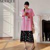MODIQUE Summer Plus Size Women Loose Versatile A-Line Doodle Print Patchwork Lace Pleated Cotton T-Shirt Long Dresses Female Casual O-Neck Dresses