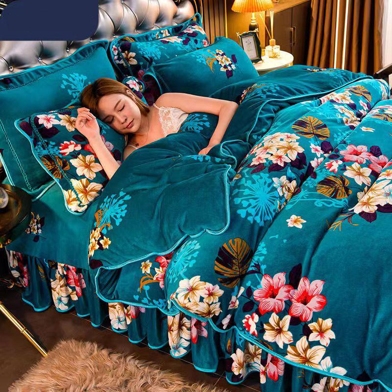 Размер King Size/Queen Size/Twin Size Зимняя молочная флисовая юбка-кровать Пододеяльник Наволочка Комплект из четырех предметов Утолщенное теплое простое постельное белье Высокое качество