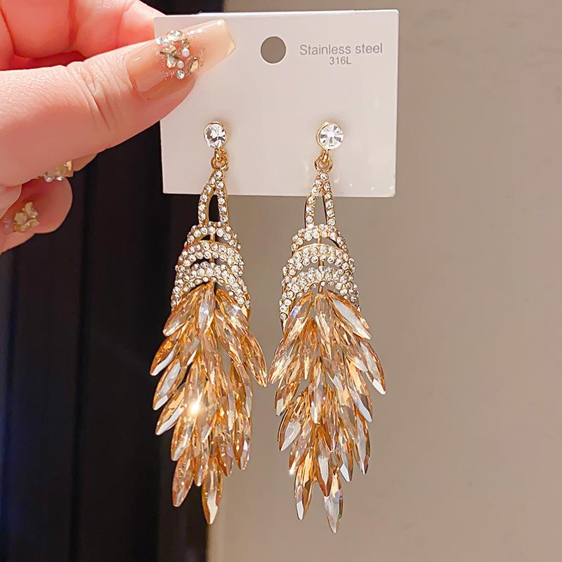 Серьги-подвески в стиле Needle Light Luxury, украшенные бриллиантами, в форме пера с бахромой, европейская и американская мода, изысканные, ретро, с ощущением высокого качества, нишевые серьги