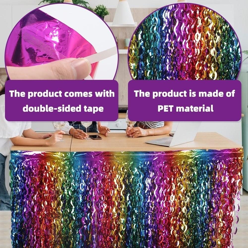 Rainbow Gradient Foil Fringe Table Skirt Wavy Design Table Decor Ornament Birthday Party
