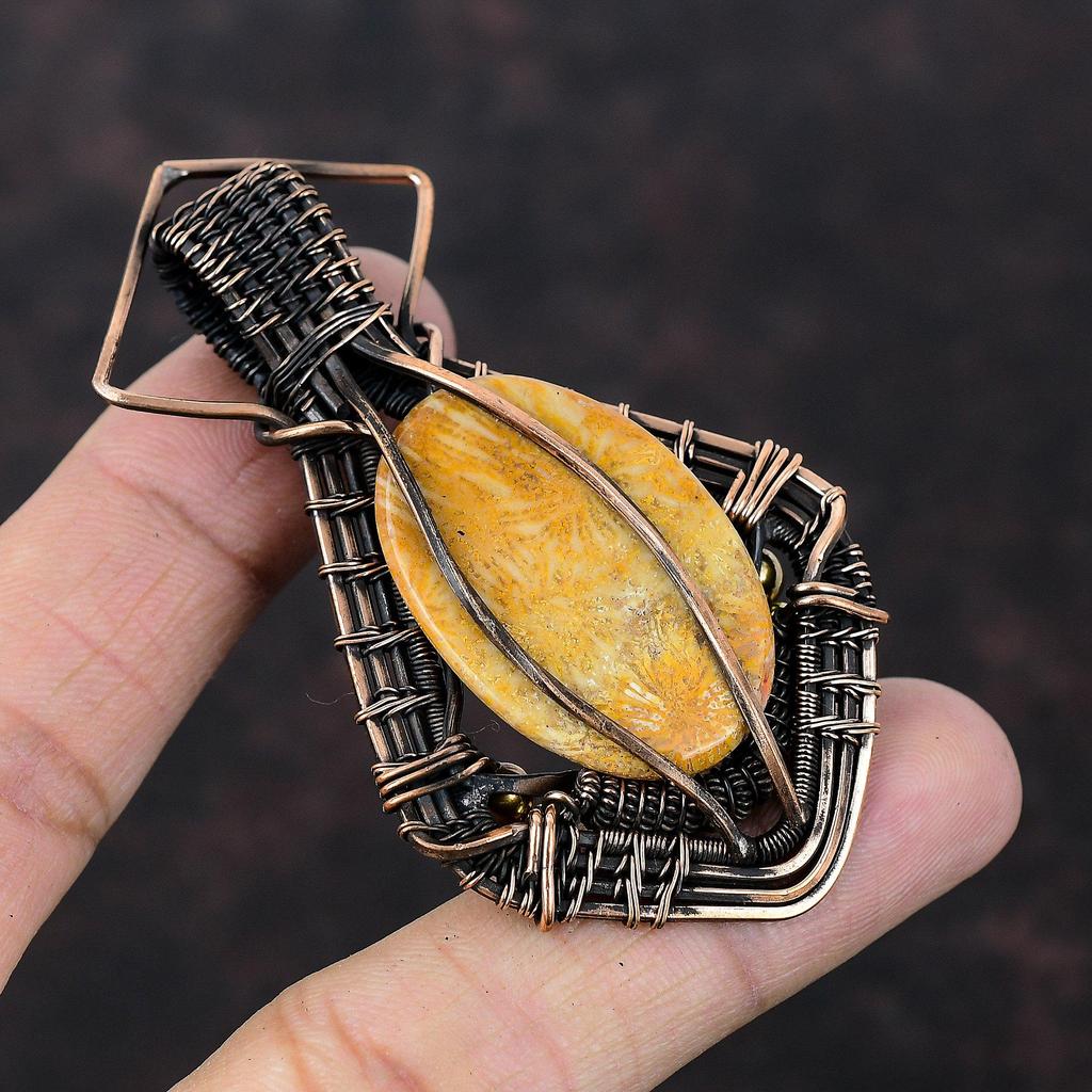 Fossil Coral Pendant Copper Wire Wrapped Pendant Gemstone Pendant Fossil Coral Jewelry Handmade Pendant For Gift Copper Wire Wrapped Jewelry