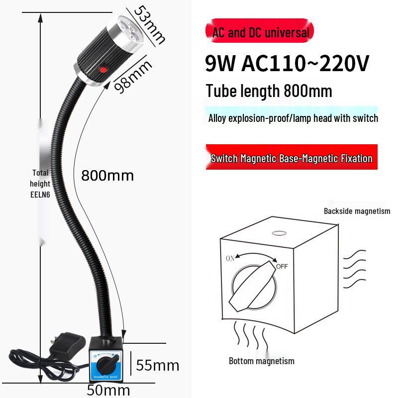 Девять Магнитных Светильников для Станков на Гусиной Шее - 3Вт/6Вт/9Вт, 24В/220В, Мощное Магнитное Основание, Длинный Кронштейн