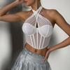 Приталенный корсет со стразами, без рукавов, с вырезом халтер, укороченный топ, элегантная сетчатая хрустальная майка, для вечеринки