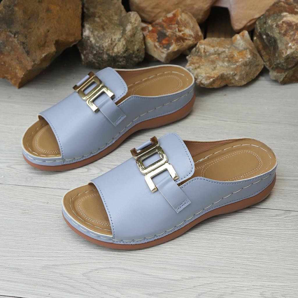 Women's Wide Width Solid Color Slides, Round Toe Chain Detail Mules, European Casual Sandals for Women