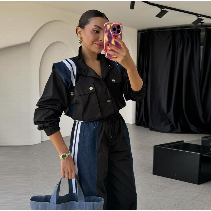 Women Casual Elegant Sports Two-piece Set Spring New Denim Splicing Turn-down Collar High Waist Slim Straight Leg Pants for Women