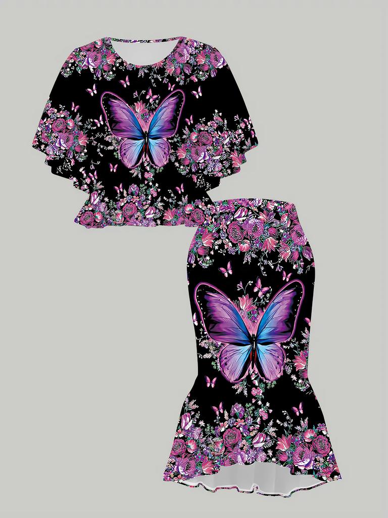3D Butterfly Printed Classical Totem Women's Print, Fashionable Large-sized, Elegant, Versatile for All Seasons. T-shirt, Skirt and Set