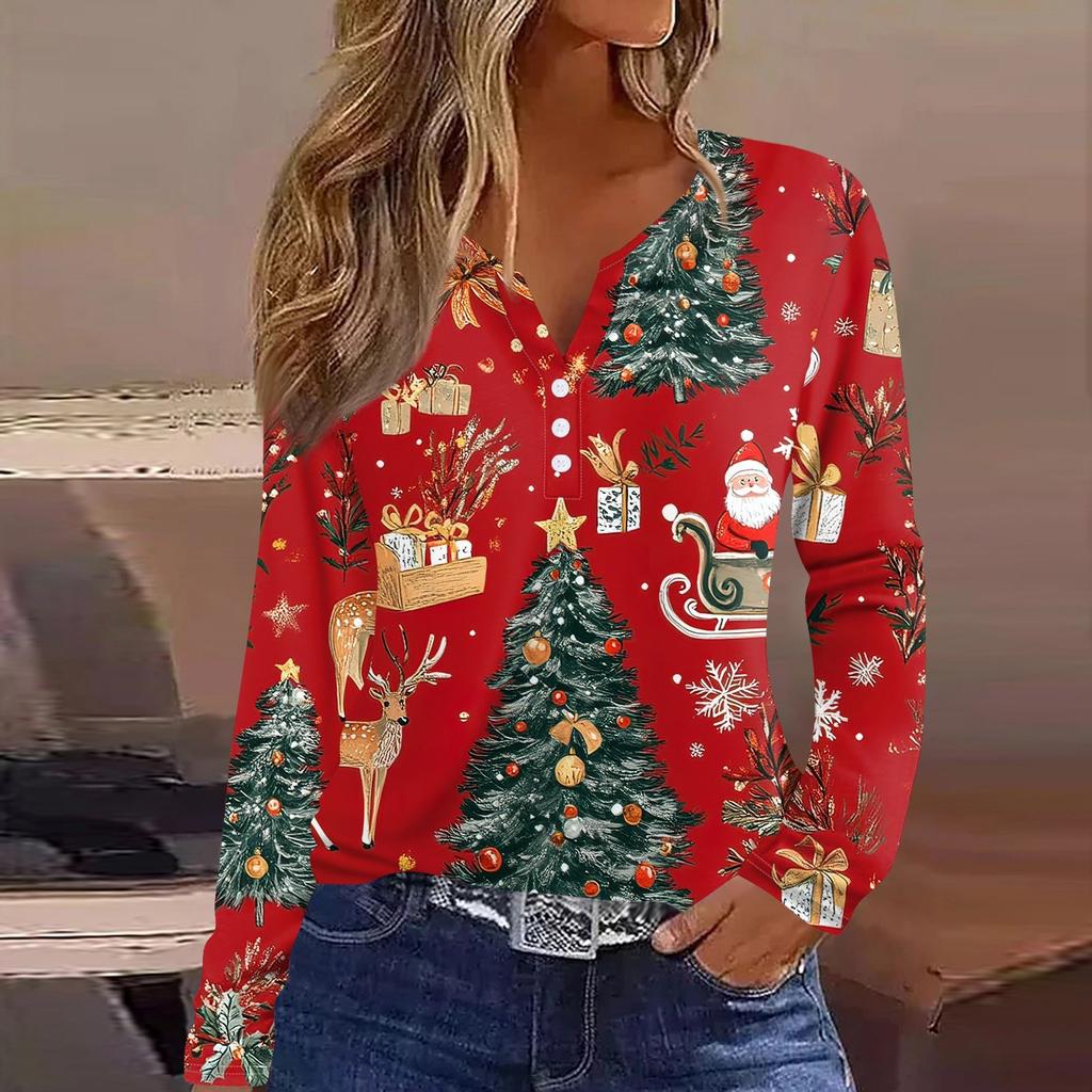 Women's T Shirt Tee Christmas Print Button Long Sleeve Daily Weekend Fashion Basic V- Neck Regular Top