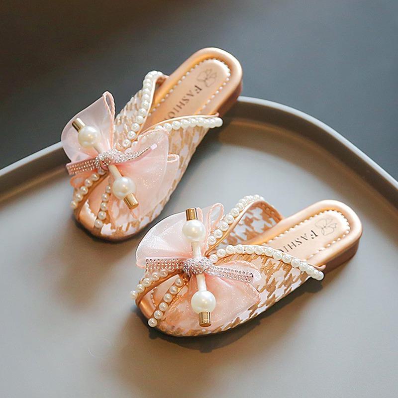 Детские удобные повседневные домашние тапочки в стиле принцессы для девочек, милые домашние уличные тапочки с жемчужной сеткой и бантом, нескользящие домашние тапочки с мягкой подошвой, сандалии
