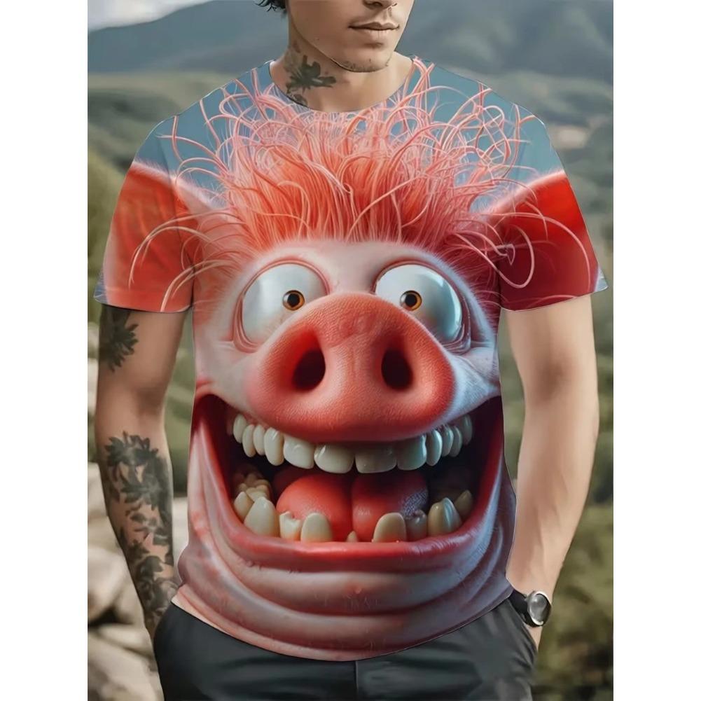Men's T-Shirt Cartoon Style Animals Pig Cat Graphic 3D Printed T-Shirt Casual Short Sleeved Tee Outdoor Loose Men Clothing Tops