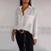 Women Shirt Lapel Long Sleeve Patch Pockets Shirt Tops Solid Color Loose Fit
