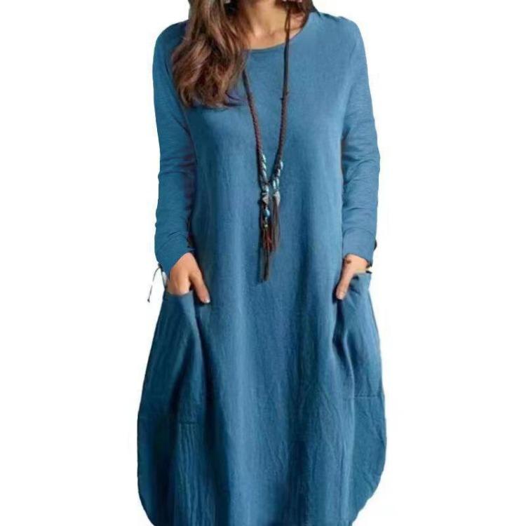 Women Casual Loose Dress European American Style Solid Color Cotton Linen Fabric Pocket Spring Summer