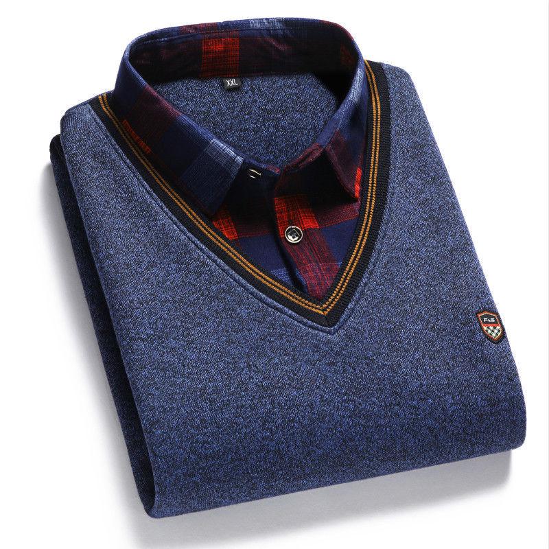 Мужской флисовый двухпредметный свитер с воротником-рубашкой для среднего и пожилого возраста