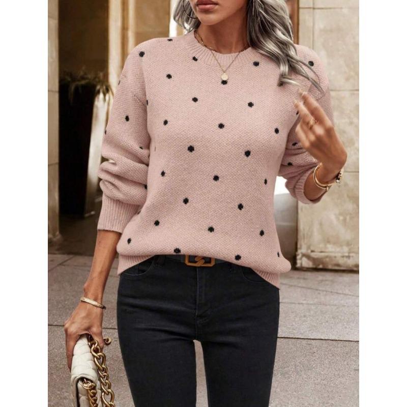 YYFS Women's Fashion Casual Fall Winter Polka Dot Print Long Sleeve O-Neck Sweaters