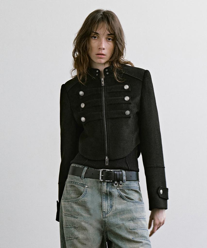 TREEMINGBIRD Crop Band Jacket [Black]