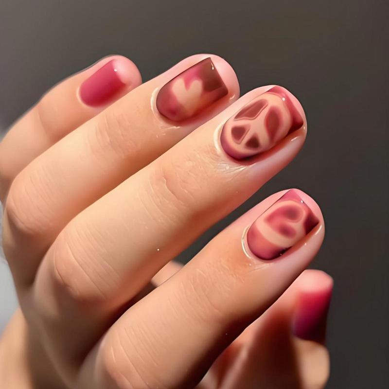 24PCS Maillard Short Square Press on Falsenails Autumn Winter Simple Blue Gradient French Fake Nails Glossy Brown Ins Manicure