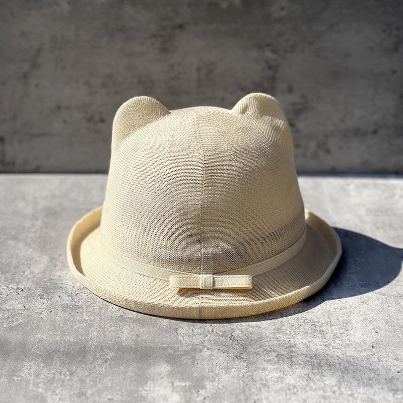 Sweet And Cute Ears Basin Hat Children Spring And Summer Sun Protection Sun Hat Fine Cotton Yarn Knitted Curled Top Hat Korean Version Tide