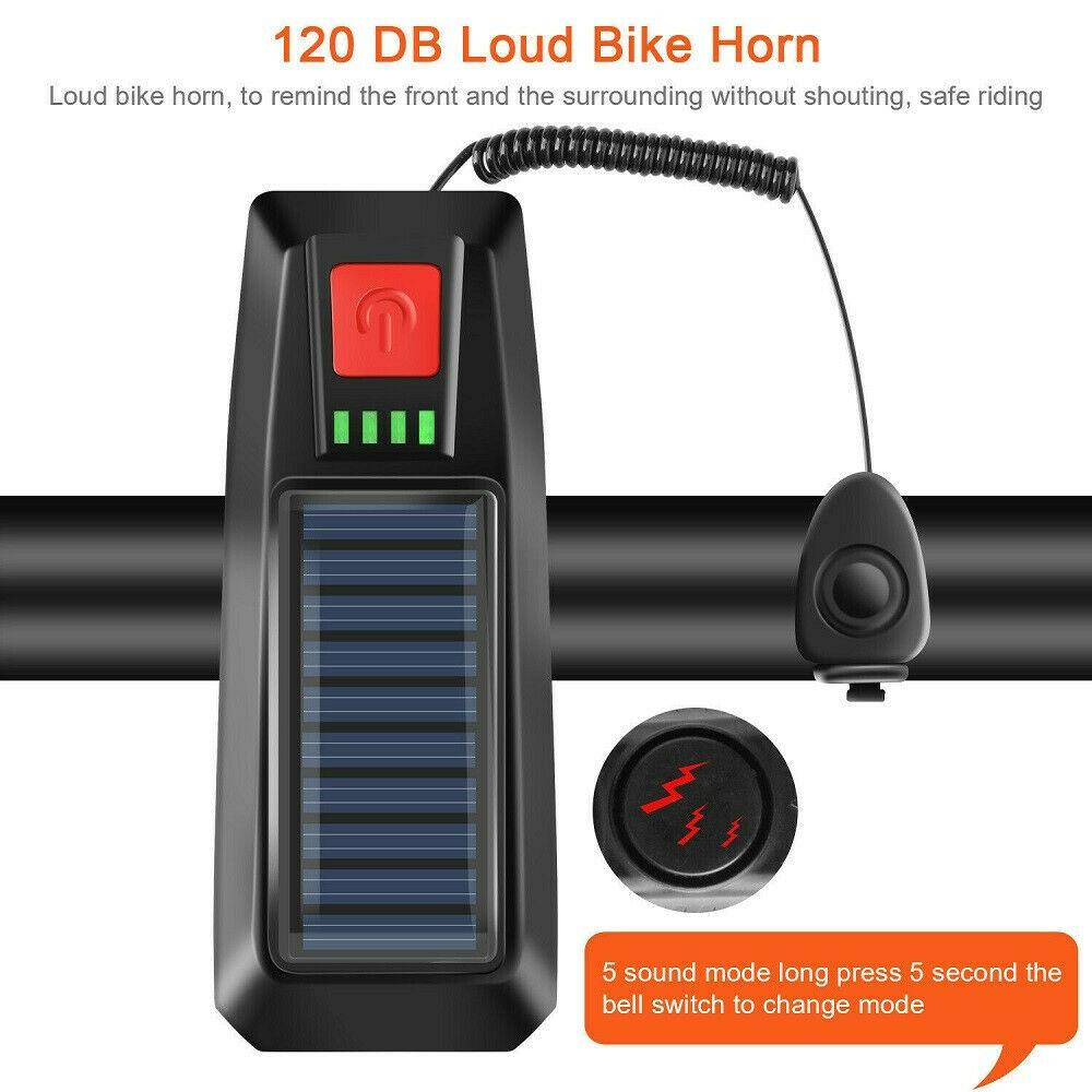Солнечная велосипедная лампа, USB аккумуляторная, водонепроницаемая, велосипедная лампа и звуковой сигнал, 3 режима для снаряжения для ночной езды