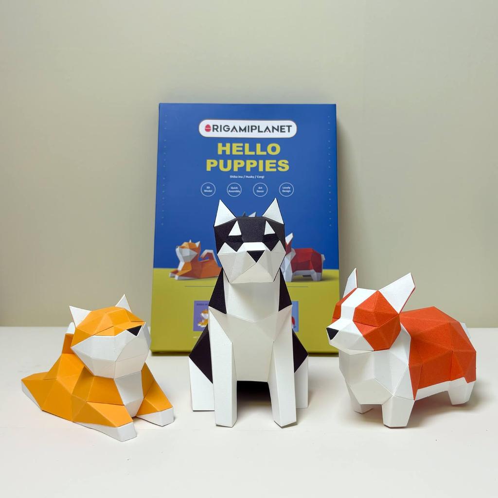 ORIGAMIPLANET Hello Puppies 3D Origami Paper Craft Gift Set 3 Inu 3D Origami Cute Animal Dog Paper Sculptures for Teens Birthday Home Decor DIY Art
