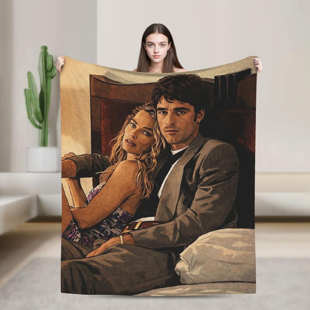 Jacob Elordi and Margot Robbie Blankets Flannel Print Breathable Warm Throw Blanket for Home Couch Bedding Throws