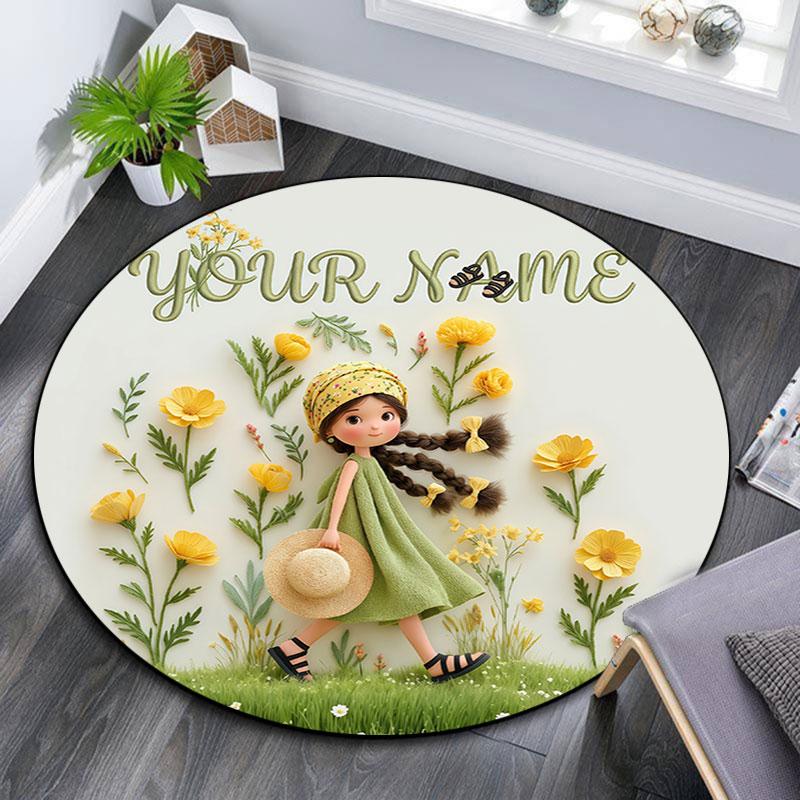 Custom Name,Vintage Country Girl Character pattern round rug,Carpet Rug for Living Room Bedroom Playroom ,Non-slip Floor Mat,Holiday Gifts and Birthda