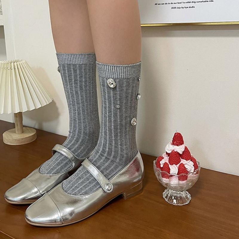 Womens Ribbed Crew Socks, Thin Comfort Breathable Rhinestone Socks, Above Ankle Crew Socks for Womens Schoold Girl