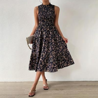 Yousheng Женское Платье Миди Круглый Вырез Эластичный Высокая Талия Без Рукавов А-силуэта Большое Летнее Платье Цветочный Принт Пляжное Платье Для Отдыха