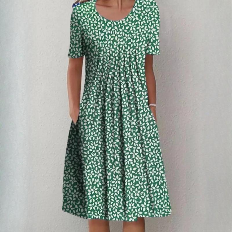 QICED Женская мода лето весна однотонный принт с коротким рукавом и круглым вырезом с высокой талией повседневные платья