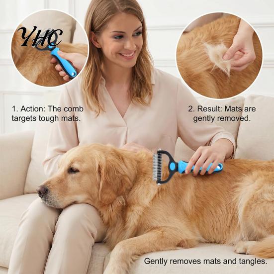 Dog Deshedding Brush Pet Detangling Rake with Comb, Double-Sided Undercoat Cat Dematting Brush, Comb for Tangles Removes And Loose Fur, Gentle
