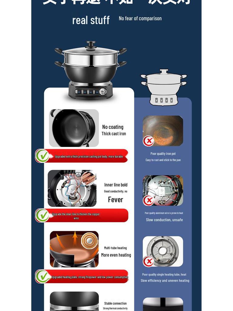 Многофункциональная электрическая сковорода и кастрюля Yangzi - Посуда из непокрытого чугуна для приготовления на пару, тушения и жарки