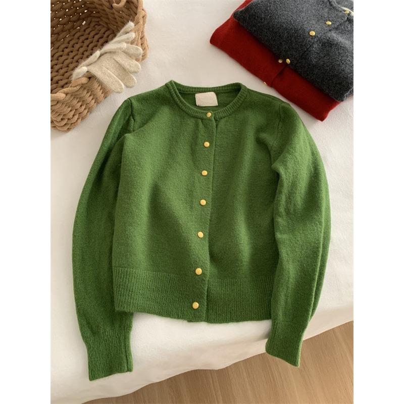 Пудра из белой малины, маленький золотой пуговичный вязаный кардиган, женский осенне-зимний мягкий восковой утолщенный теплый свитер-куртка с круглым вырезом