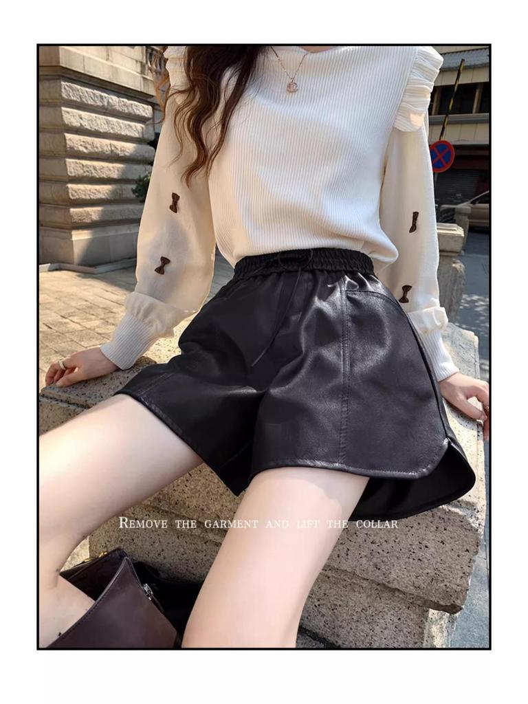 Autumn 2024 Women's High-Waist PU Leather Wide-Leg Shorts - Casual A-Line Style