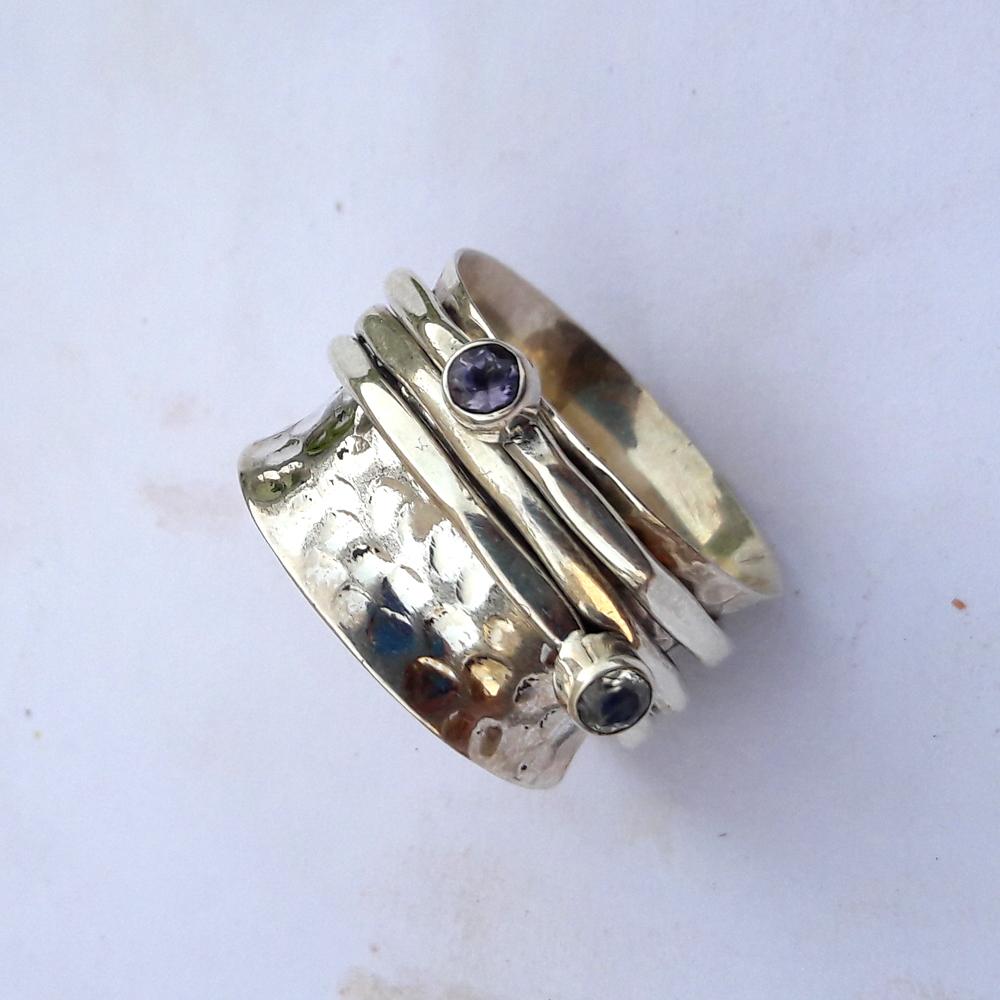 Серебряное вращающееся кольцо с лунным камнем и аметистом, кольцо-вертушка в форме сердца, кольцо из стерлингового серебра 925 пробы, кованое кольцо, кольцо тревоги, кольцо беспокойства, подарок для нее