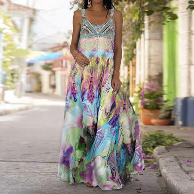 Женское платье-комбинация Длинное платье макси Фиолетовое платье с принтом из павлиньих перьев Весна и лето с v-образным вырезом для отдыха и отпуска