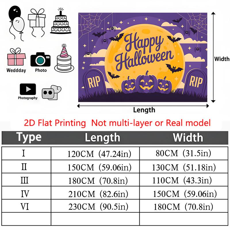 Party Backdrop Halloween Moon Flat Pumpkins Bats Tombstones Full Event Photo Background Party Decor
