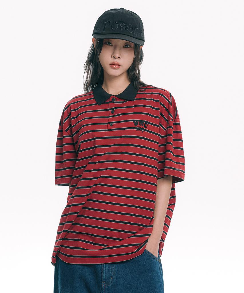 MOO Striped Collared Short Sleeve Tee - Red