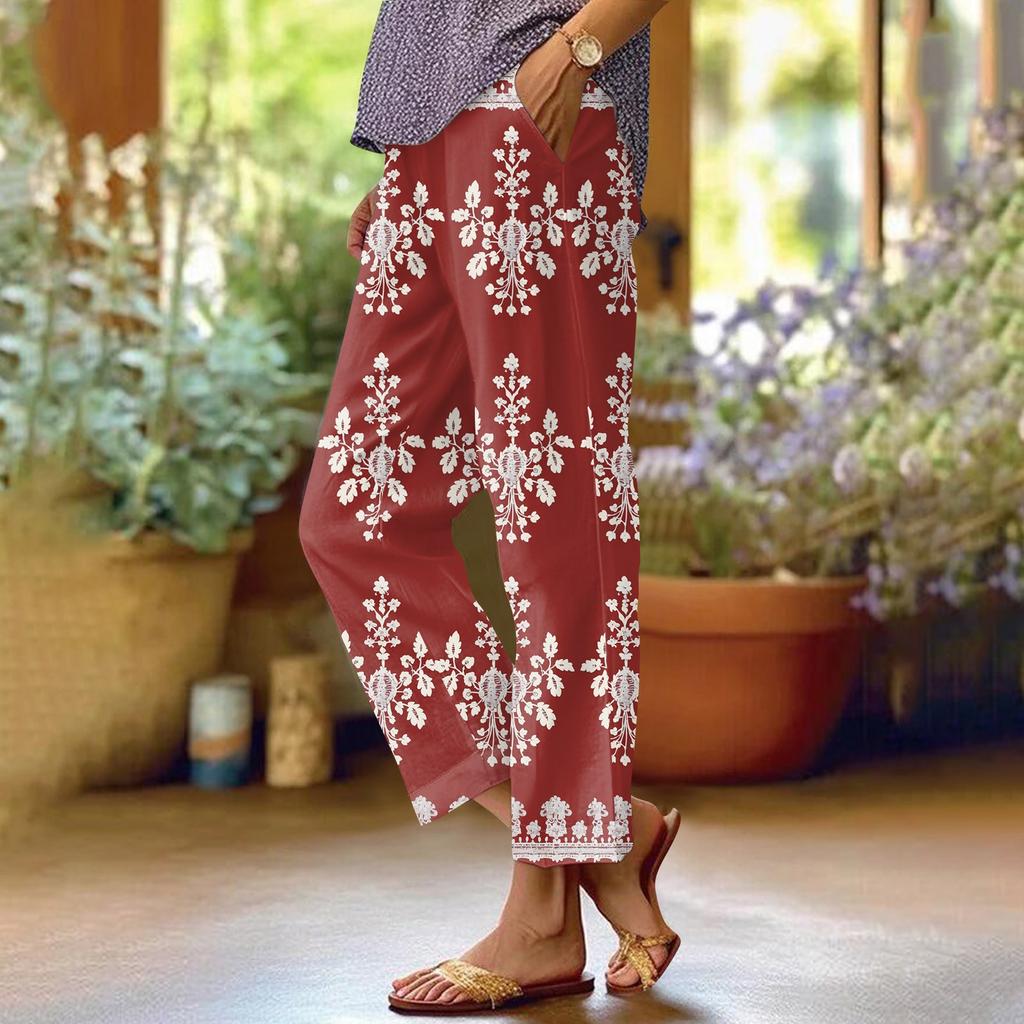 Женские модные повседневные брюки с цветочным принтом, прямые брюки с карманами и эластичной талией