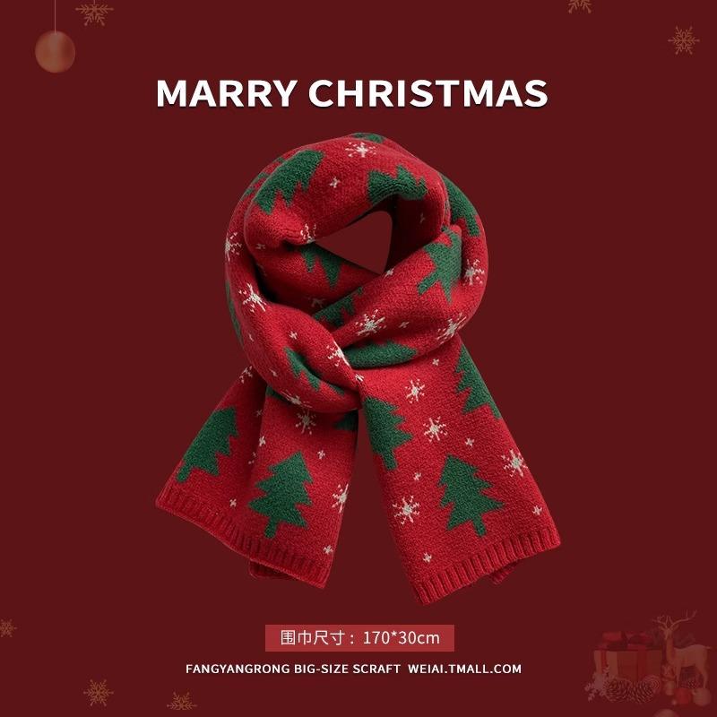 Красный рождественский вязаный шарф для женщин, осенне-зимний теплый зеленый шерстяной студенческий парный рождественский подарок шарф универсальный