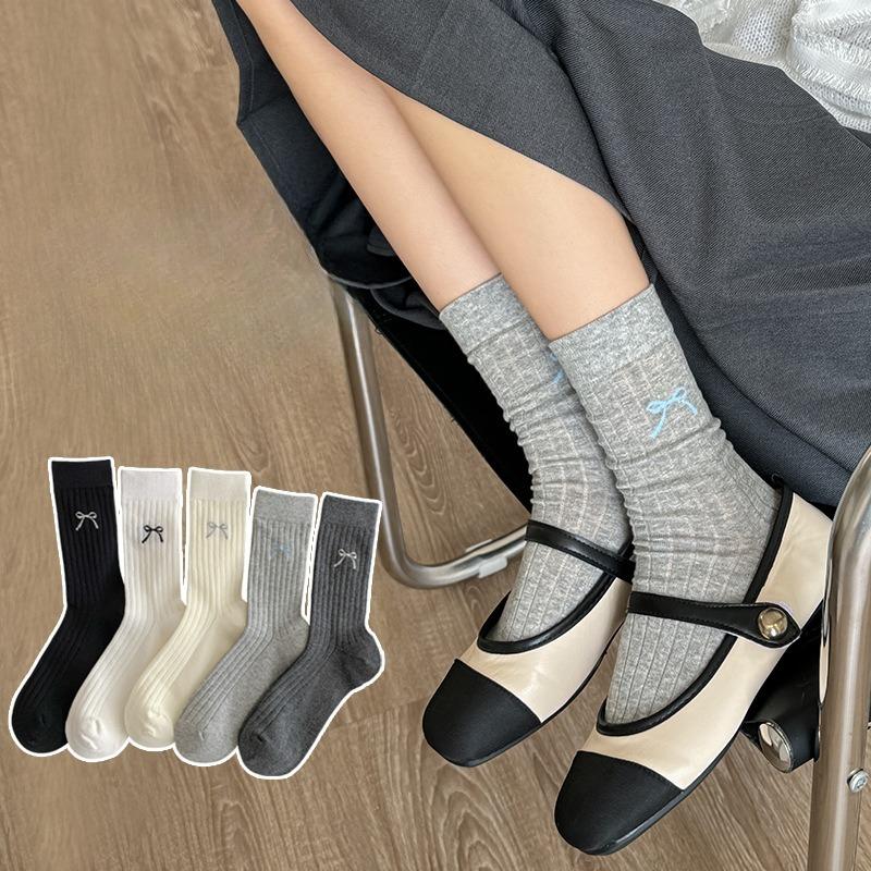 Women's Summer Thin Solid Color Bow Mesh Breathable Tube Stack Cotton Socks