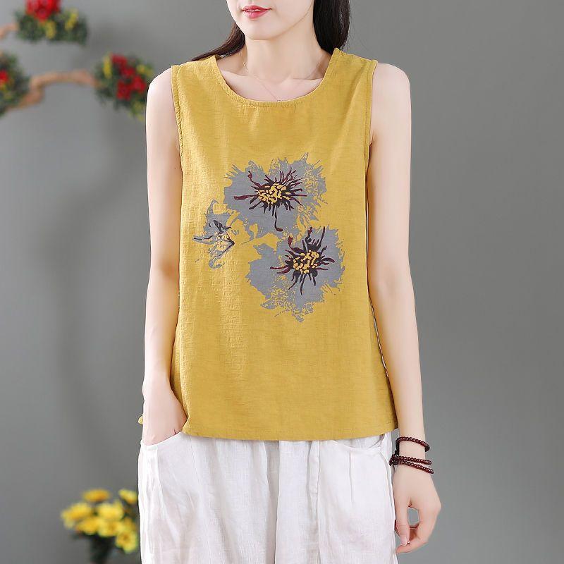 Модные женские свободные хлопковые льняные майки с цветочным принтом и принтом
